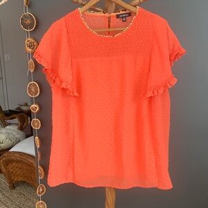 Vibrant Coral Blouse with Ruffle Sleeves